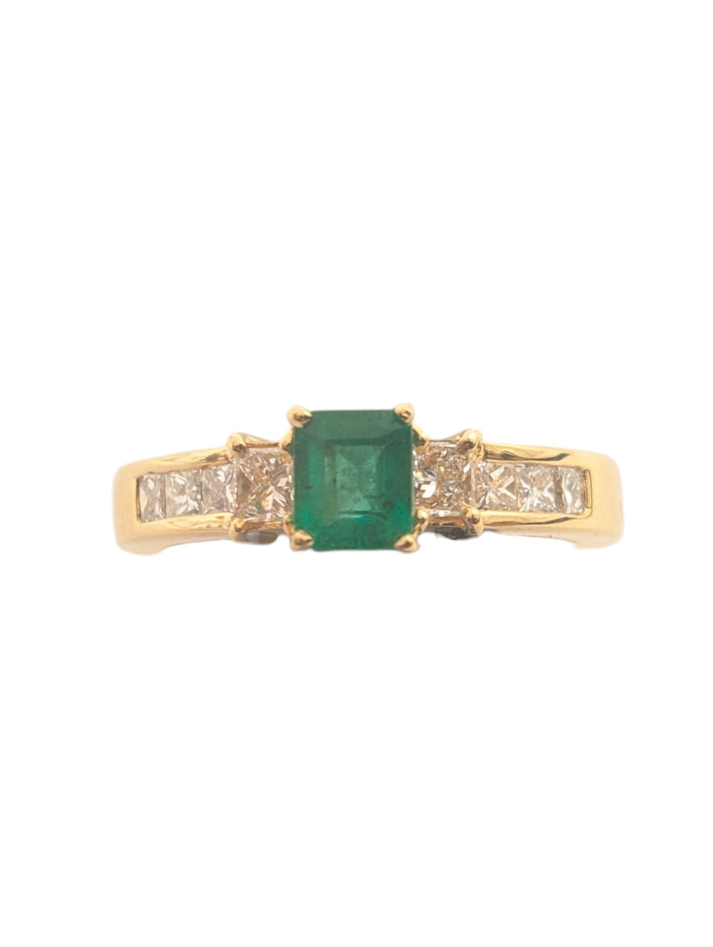 Ring 18k Yellow Gold Center Emerald w/ Princess Cut Channel Diamonds
