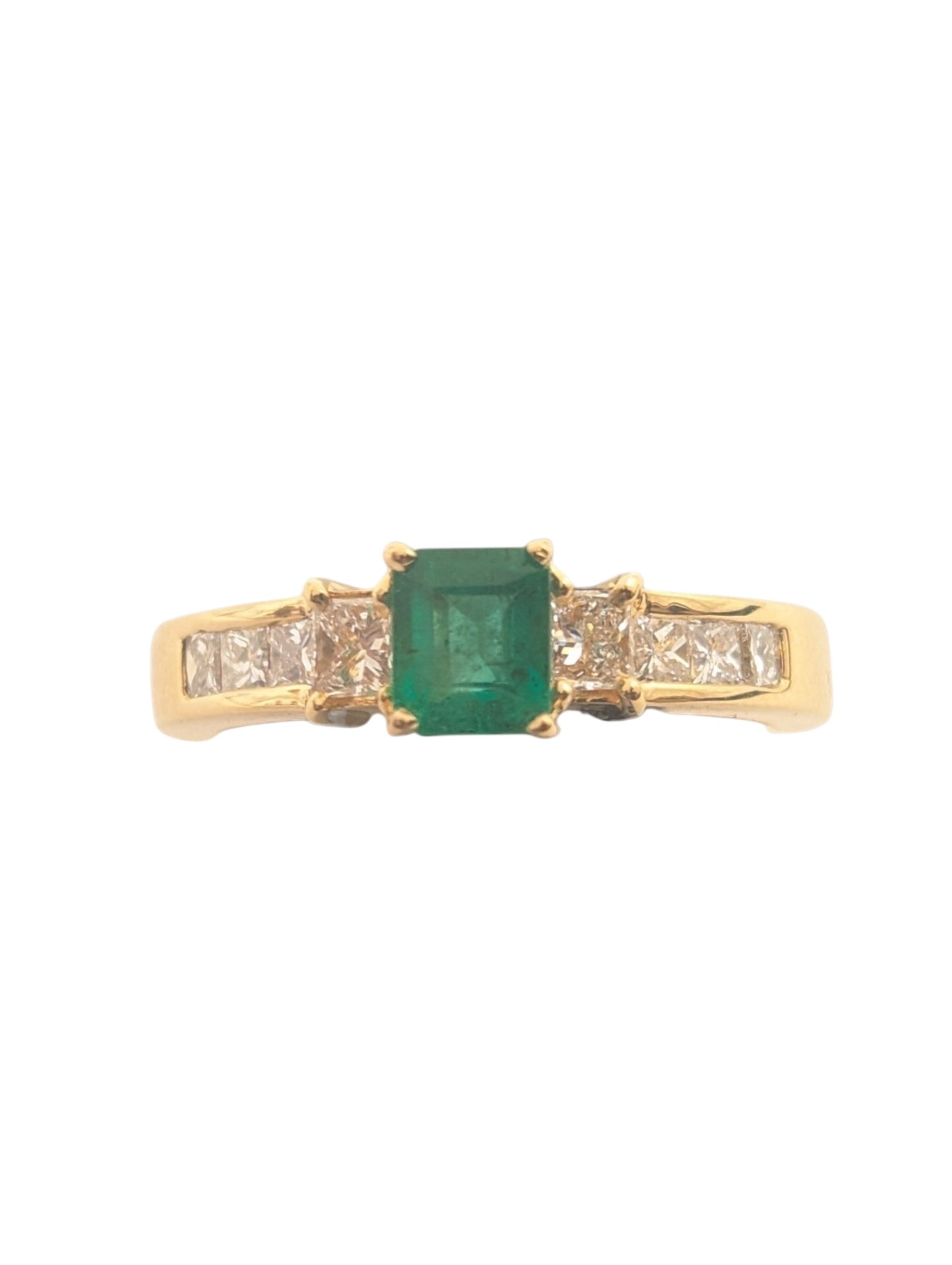 Ring 18k Yellow Gold Center Emerald w/ Princess Cut Channel Diamonds