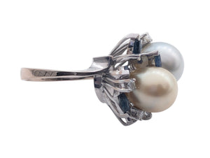 Ring 18k White Gold South Sea Pearl x2 w/ Diamonds & Sapphires