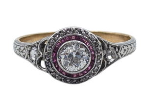 Ring 14k Yellow & White Gold Center Diamond, Surrounding Rubies & Diamonds