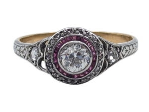 Ring 14k Yellow & White Gold Center Diamond, Surrounding Rubies & Diamonds