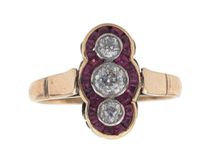 Ring 12k Yellow Gold 3 Set Vertical Diamonds w/ Surrounding Rubies
