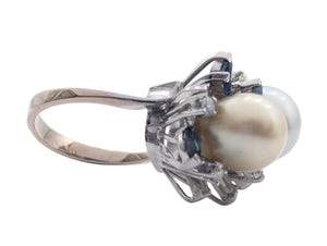 Ring 18k White Gold South Sea Pearl x2 w/ Diamonds & Sapphires
