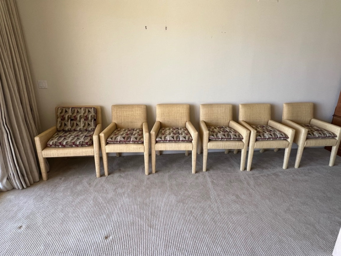 Six Rattan Woven chairs with Cushions by J. Robert Scott