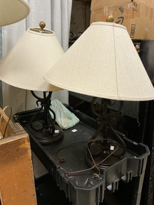 2  Wrought Iron Lamps with Linen Shades (pair)