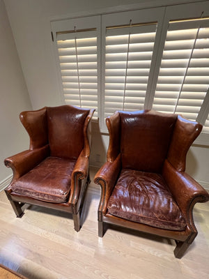 Vintage Dutch Cognac Colored Wingback Leather Club Chairs Pair 45 in x 36in x 34in