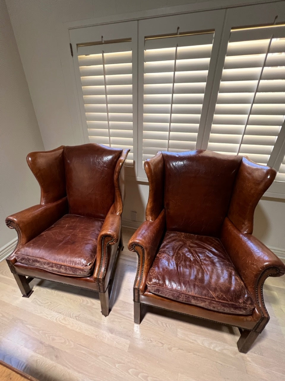 Vintage Dutch Cognac Colored Wingback Leather Club Chairs Pair 45 in x 36in x 34in