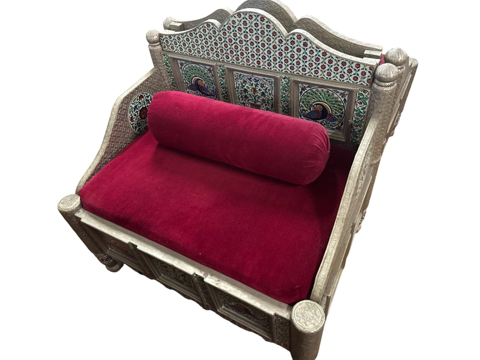  Indian Wooden Bench With Tin Metal Wrap with Bolster – 34"