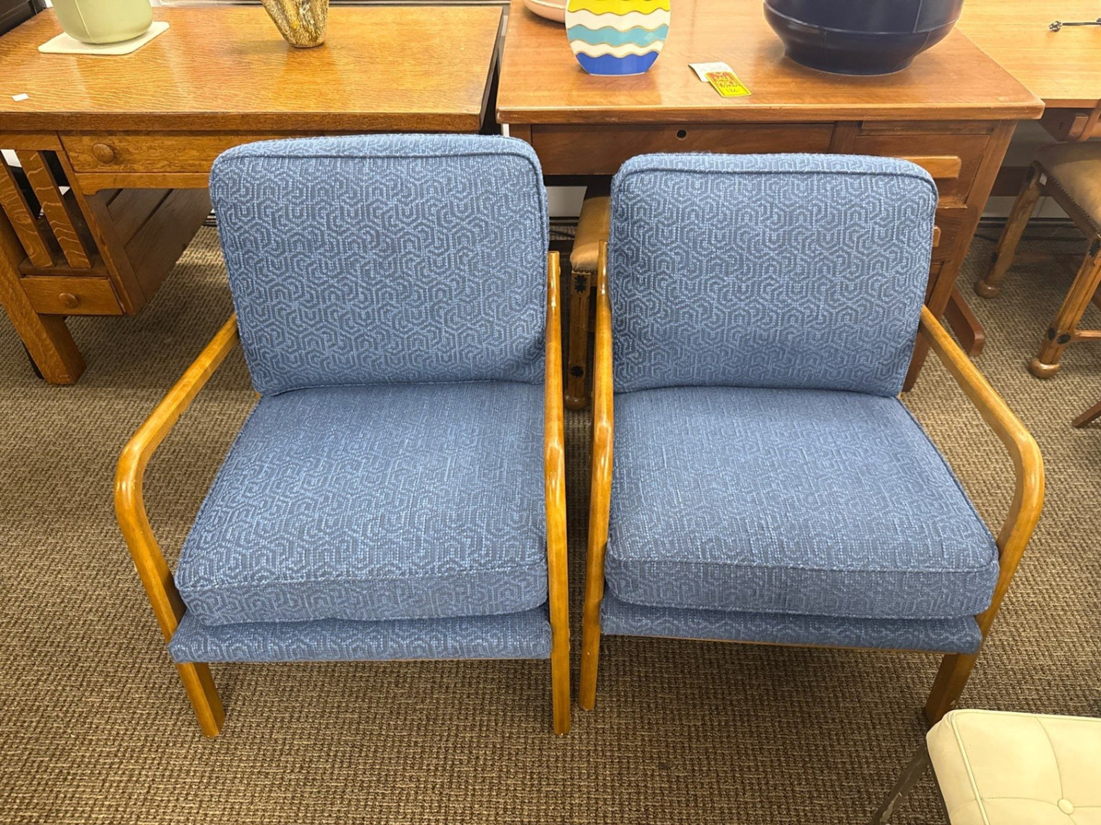 Mid-Century Modern Style Blue Chairs Pair