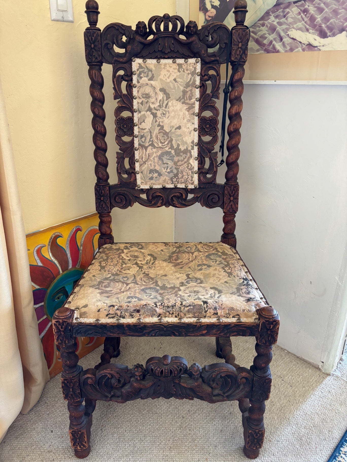 "18th Century Fruitwood Carved Chair with Cherubs Holding a Crown & Flowers"20x45