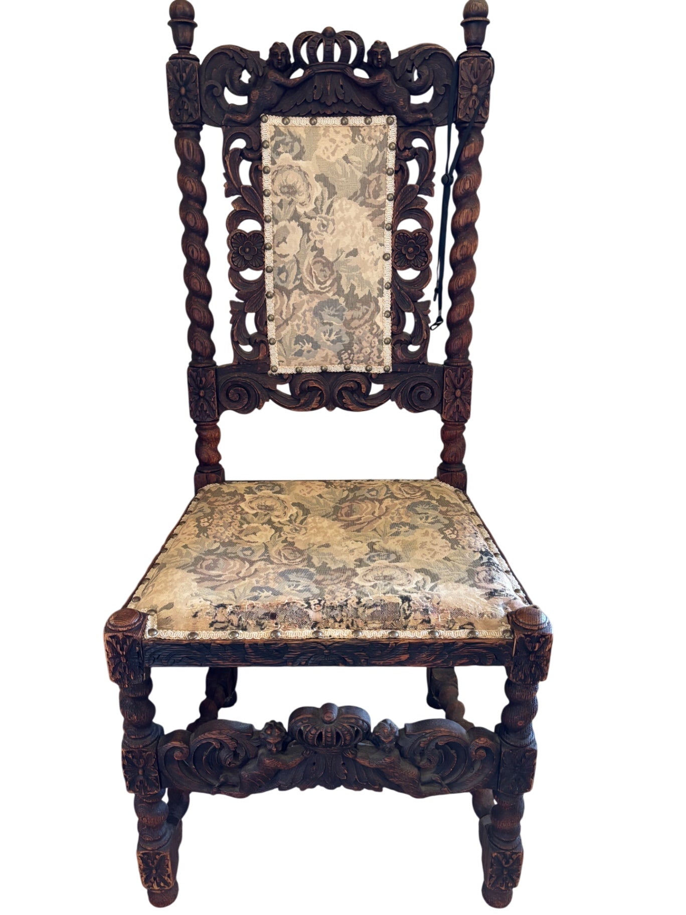 "18th Century Fruitwood Carved Chair with Cherubs Holding a Crown & Flowers"20x45