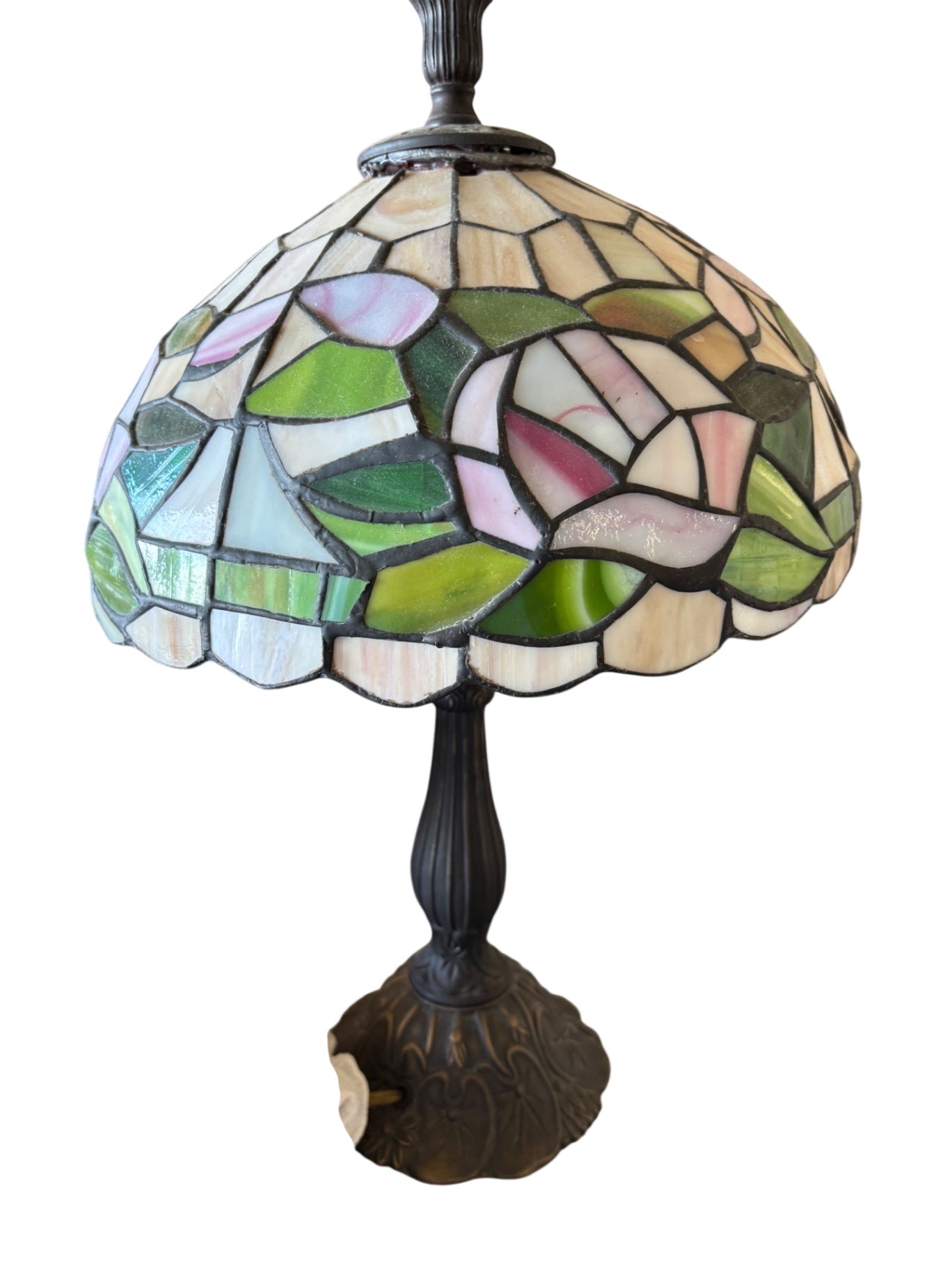 Vintage Tiffany-Style Pink Rose Floral Stained Glass Table Lamp with Ornate Metal Base 20x12