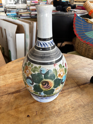 Vintage Mexican Tonala Hand-Painted Floral Pottery Vase 