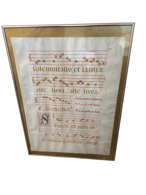 Spanish Illuminated Antiphonal Manuscript Leaf on Vellum (featuring the Gregorian Chant "Sancti et justi in Domino gaudete") 26x36