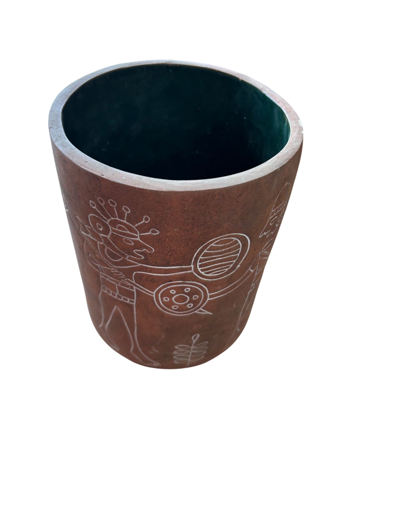 "Vintage Mexican Terracotta Pottery Vase with Incised Aztec Mayan Design 6x8.5 
