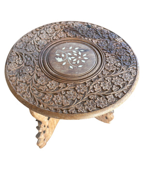 Vintage Indian Hand-Carved Teak Folding Side Table / Plant Stand with Floral Inlay 10x9.5