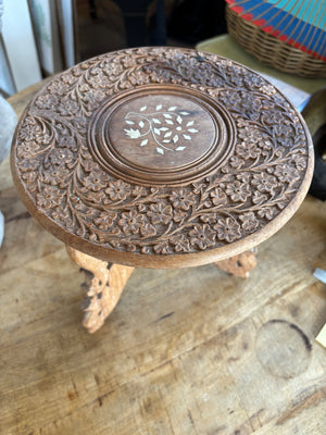 Vintage Indian Hand-Carved Teak Folding Side Table / Plant Stand with Floral Inlay 10x9.5
