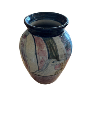Vintage Studio Pottery Vase with Hand-Painted Figurative Art 7.5x11.5