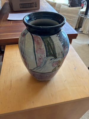 Vintage Studio Pottery Vase with Hand-Painted Figurative Art 7.5x11.5