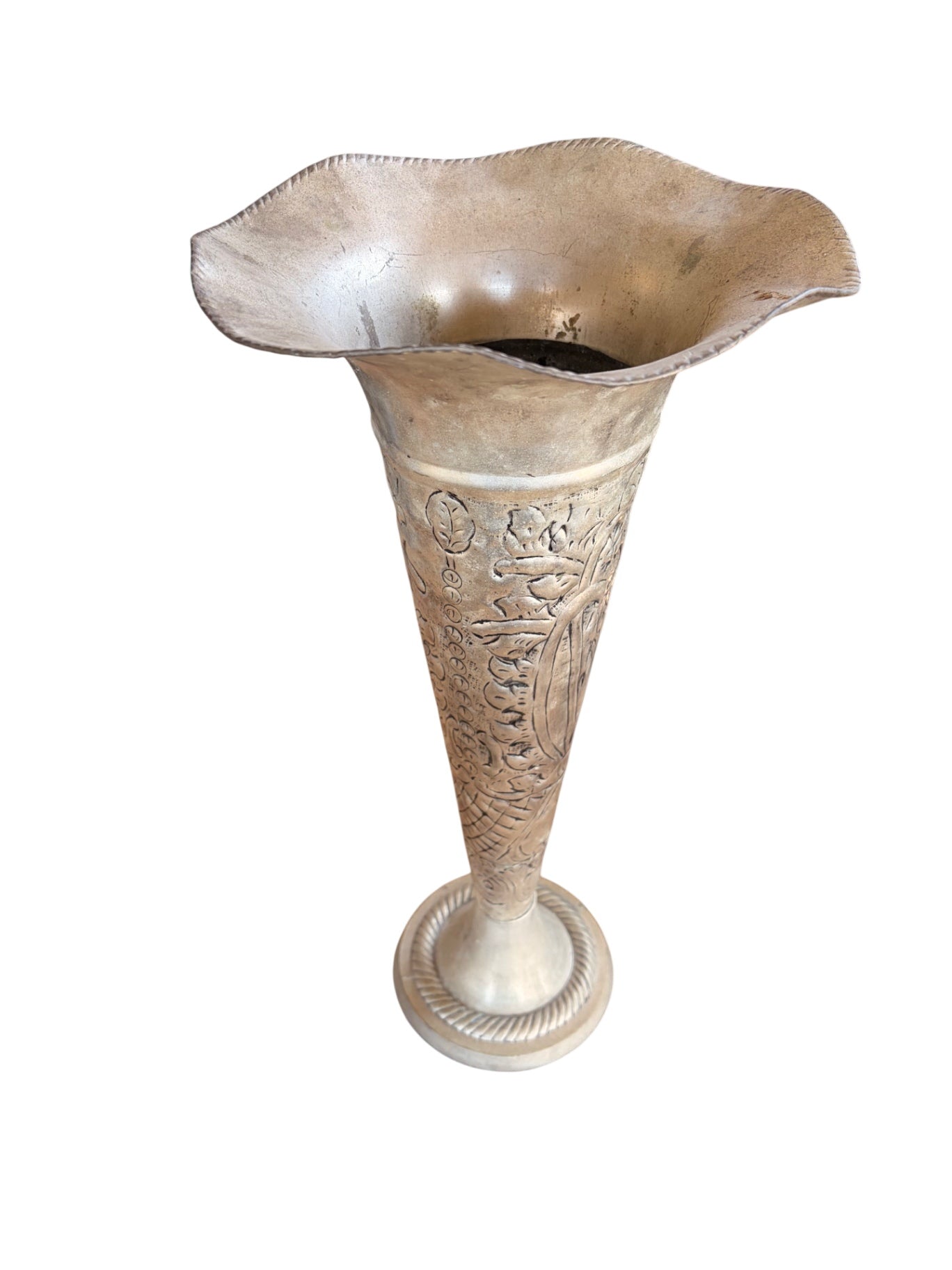 Vintage Hand-Etched Fluted Metal Trumpet Vase 10x20