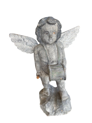 Vintage Filipino Folk Art Carved Wood Cherub Angel Drummer Statue 19x24