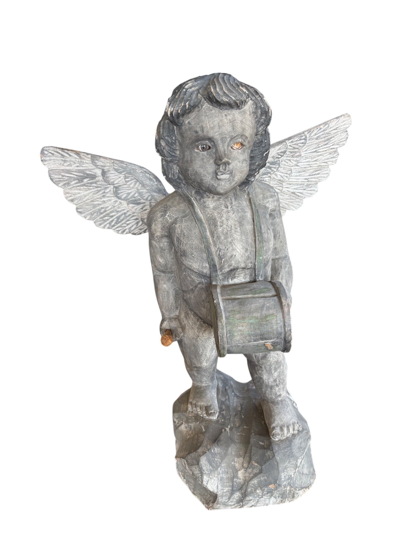 Vintage Filipino Folk Art Carved Wood Cherub Angel Drummer Statue 19x24