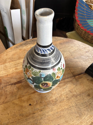 Vintage Mexican Tonala Hand-Painted Floral Pottery Vase