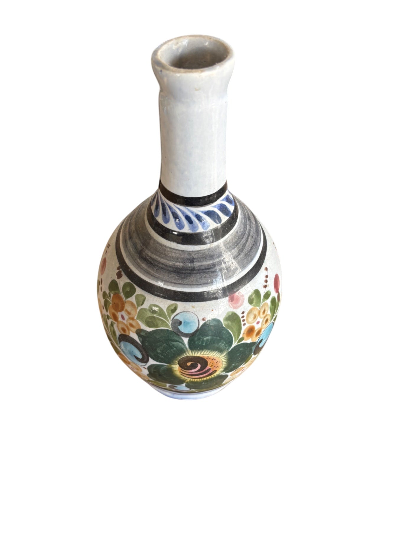 Vintage Mexican Tonala Hand-Painted Floral Pottery Vase