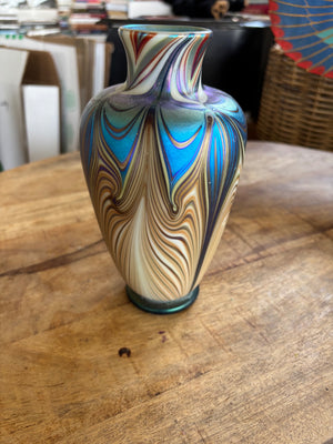 Iridescent Pulled-Feather King Tut Art Glass Vase  4" x 8"