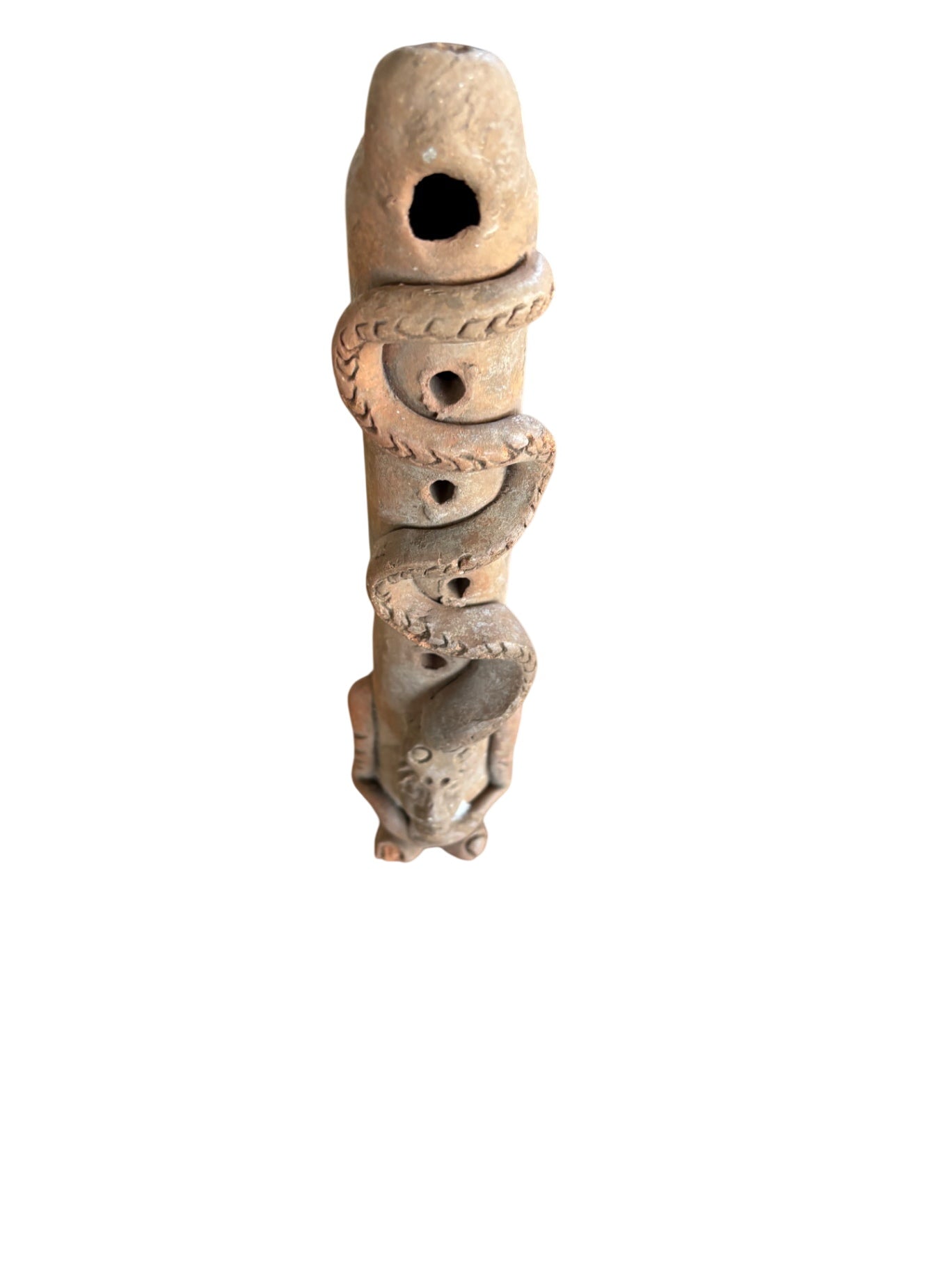 Vtg Guatemalan Terracotta Clay Ocarina Flute 9" Coiled Snake & Native Man Figure