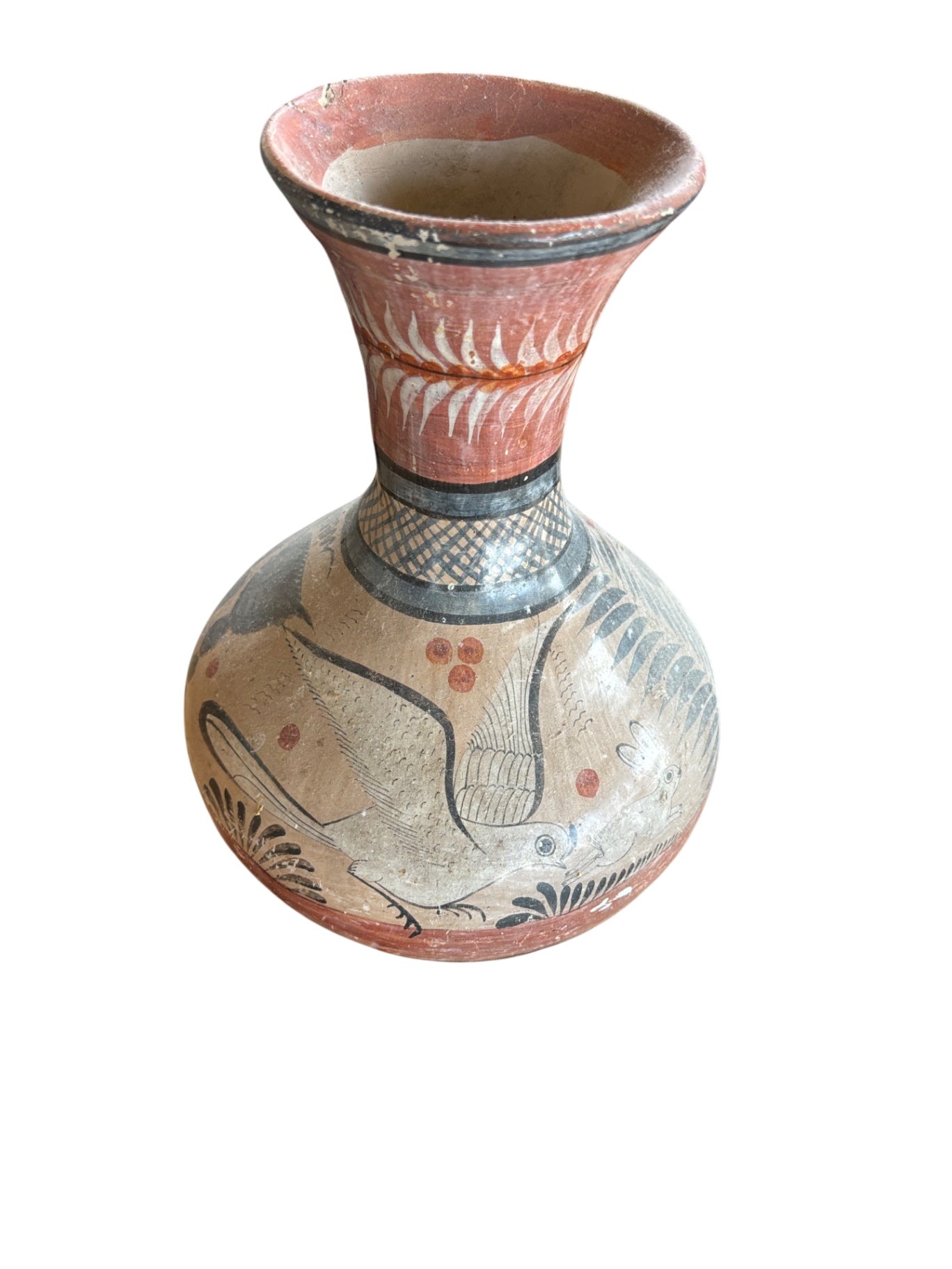 Vintage Mexican Tonala Folk Art Pottery Vase with Hand-Painted Bird and Floral Motif