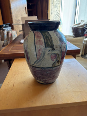 Vintage Studio Pottery Vase with Hand-Painted Figurative Art 7.5x11.5
