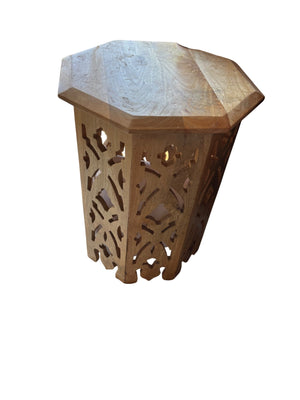 Hand-Carved Moroccan Hexagonal Wooden End Table 14x18