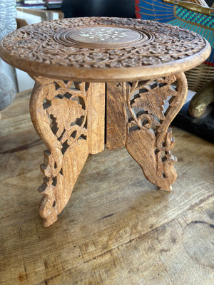 Vintage Indian Hand-Carved Teak Folding Side Table / Plant Stand with Floral Inlay 10x9.5