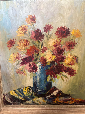 Large Signed Floral Oil on Board Painting – 63" x 49"