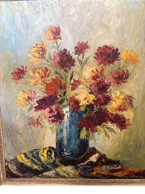 Large Signed Floral Oil on Board Painting – 63" x 49"