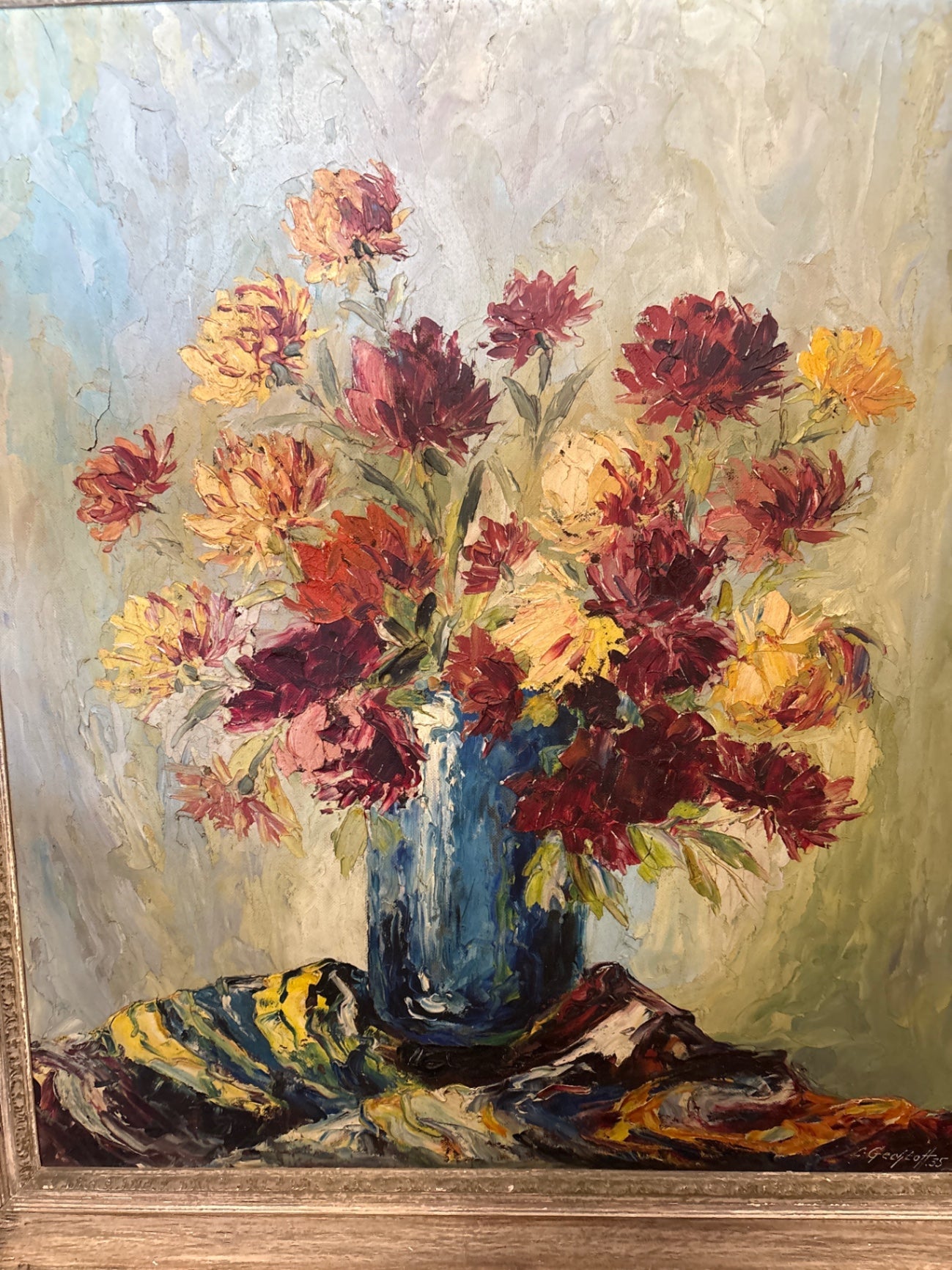 Large Signed Floral Oil on Board Painting – 63" x 49"