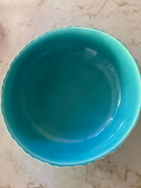 Aqua Glazed ribbed bowl 7.3/4 Round 2.5' High