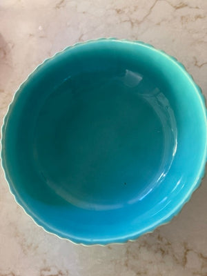Aqua Glazed ribbed bowl 7.3/4 Round 2.5' High