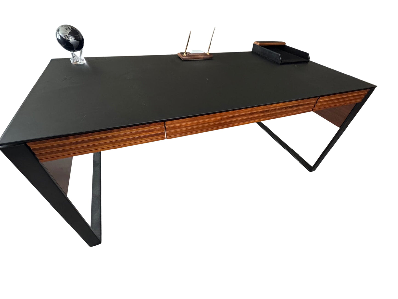 BDI Corridor Executive Desk features a striking louvered hardwood design 32” deep, 67.5” long, 29” high