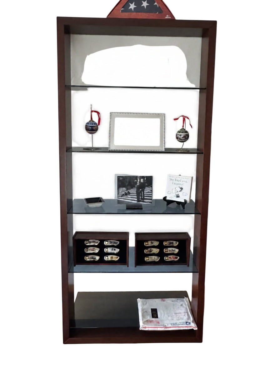 BDI Eileen leaning shelf features a dark wood frame with five graduated, grey-tinted tempered glass shelves. 34” wide, 74” high, 22” deep PRICED EACH.