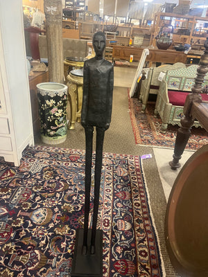 Giacometti Style Black Patinated Solid Cast Metal Elongated Standing Man Sculpture 47" Tall (Crack)