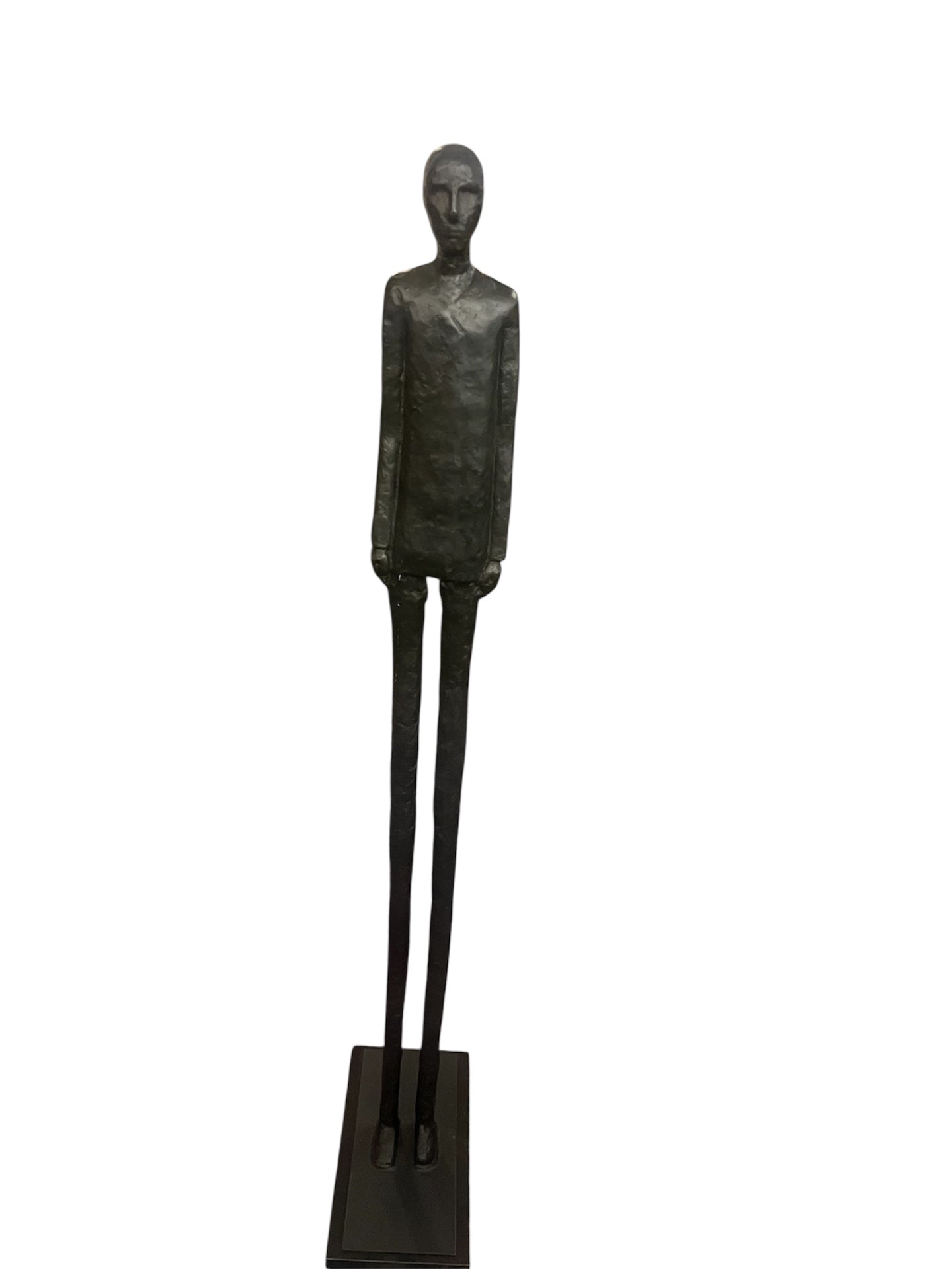 Giacometti Style Black Patinated Solid Cast Metal Elongated Standing Man Sculpture 47" Tall (Crack)