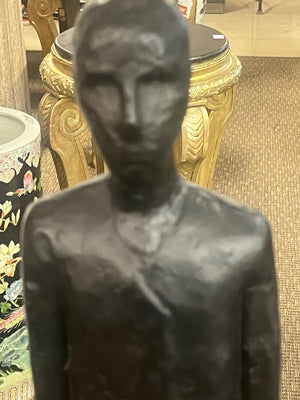 Giacometti Style Black Patinated Solid Cast Metal Elongated Standing Man Sculpture 47" Tall (Crack)