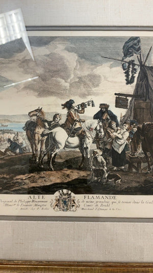 Antique Framed Engraving After Philips Wouwerman La Fontaine Des Chasseurs