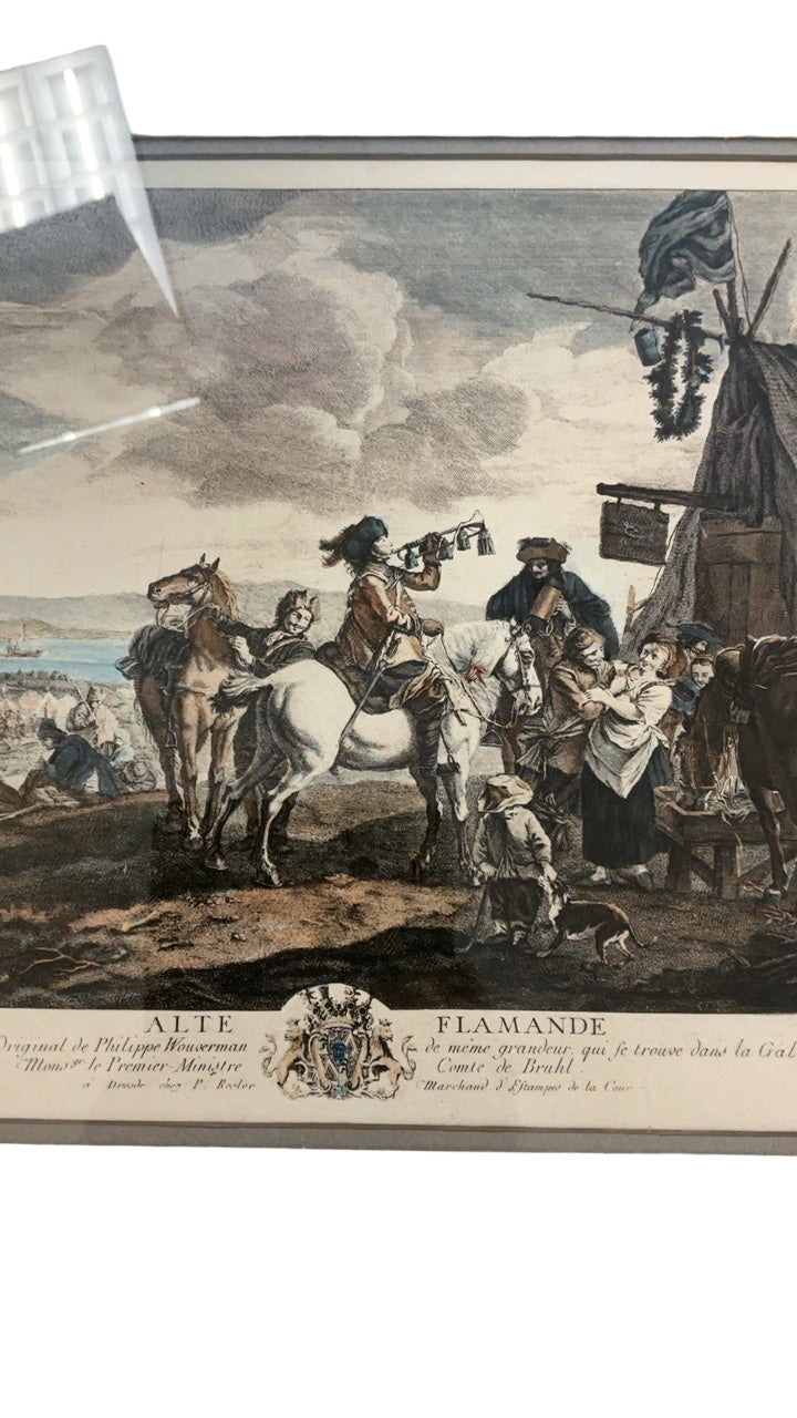 Antique Framed Engraving After Philips Wouwerman La Fontaine Des Chasseurs