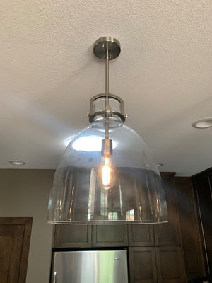 Newton Bell 14" Stem Hung Satin Nickel Pendant w/ Clear Shade