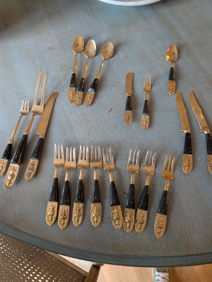 Vintage Siam Brass & Black Handle Silverware & Serverware from Thailand