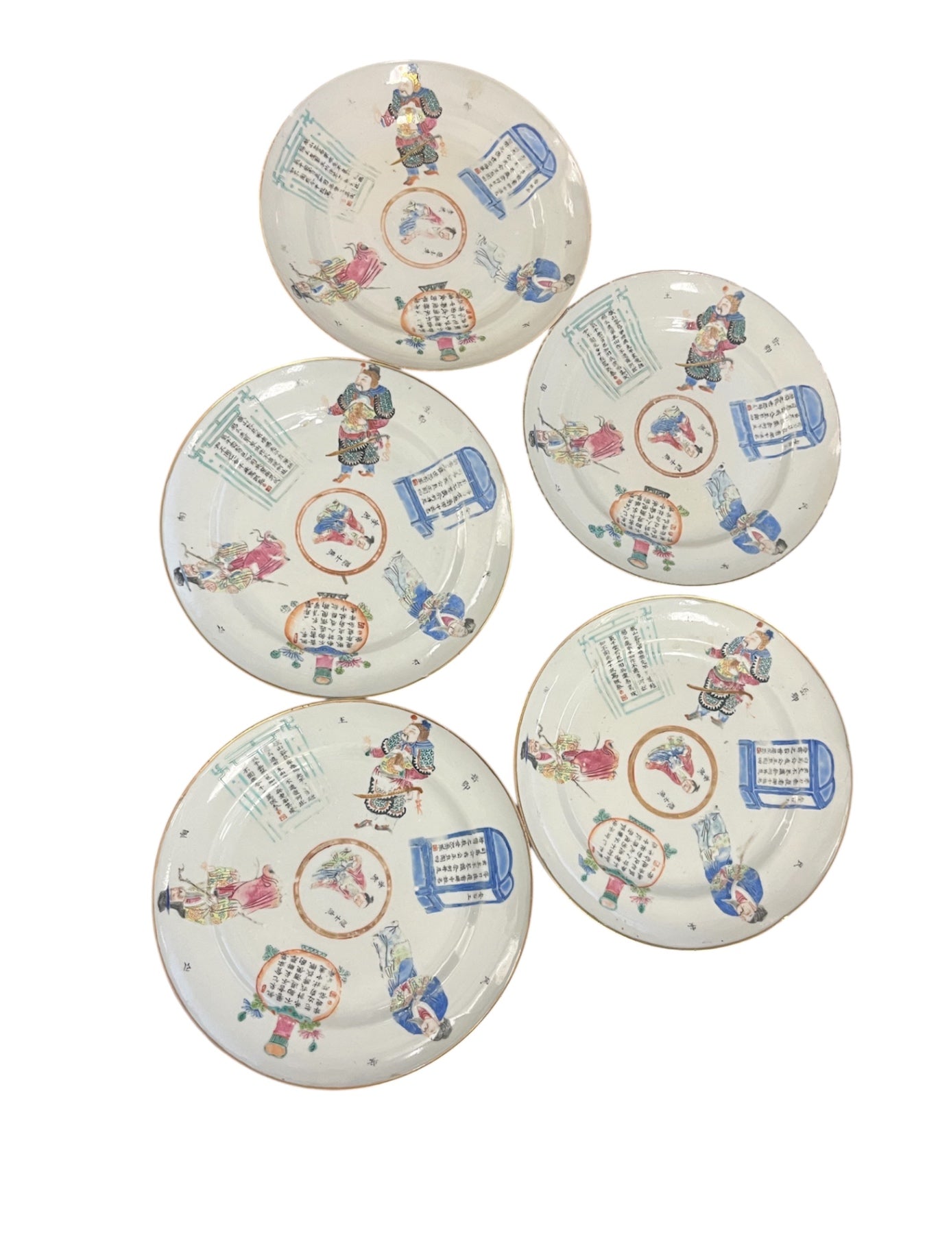 LU ZHONGLIAN Late Qing Dynasty Chinese Famille Rose Porcelain Wu Shuang Pu "Table of Peerless Heroes" 7 1/2 Salad Plate Set of 5 Fair Condition