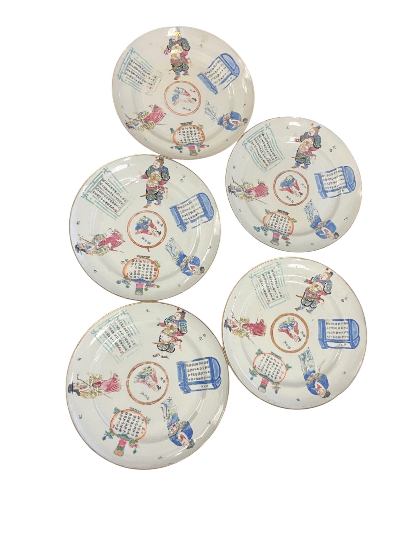 LU ZHONGLIAN Late Qing Dynasty Chinese Famille Rose Porcelain Wu Shuang Pu "Table of Peerless Heroes" 7 1/2 Salad Plate Set of 5 Fair Condition